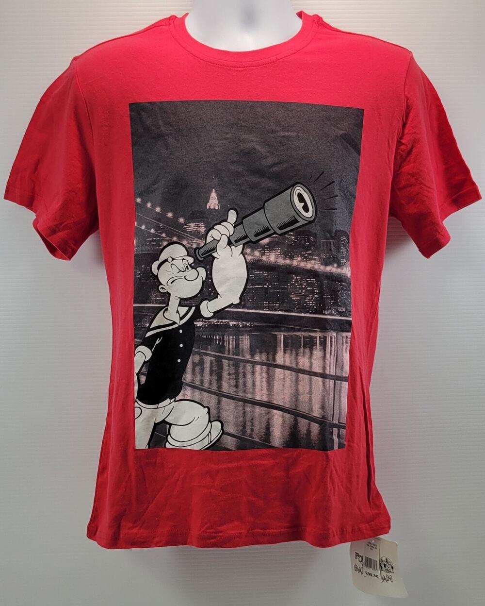 *B3) Popeye the Sailor Man Telescope City Skyline Graphic Red T-Shirt Medium